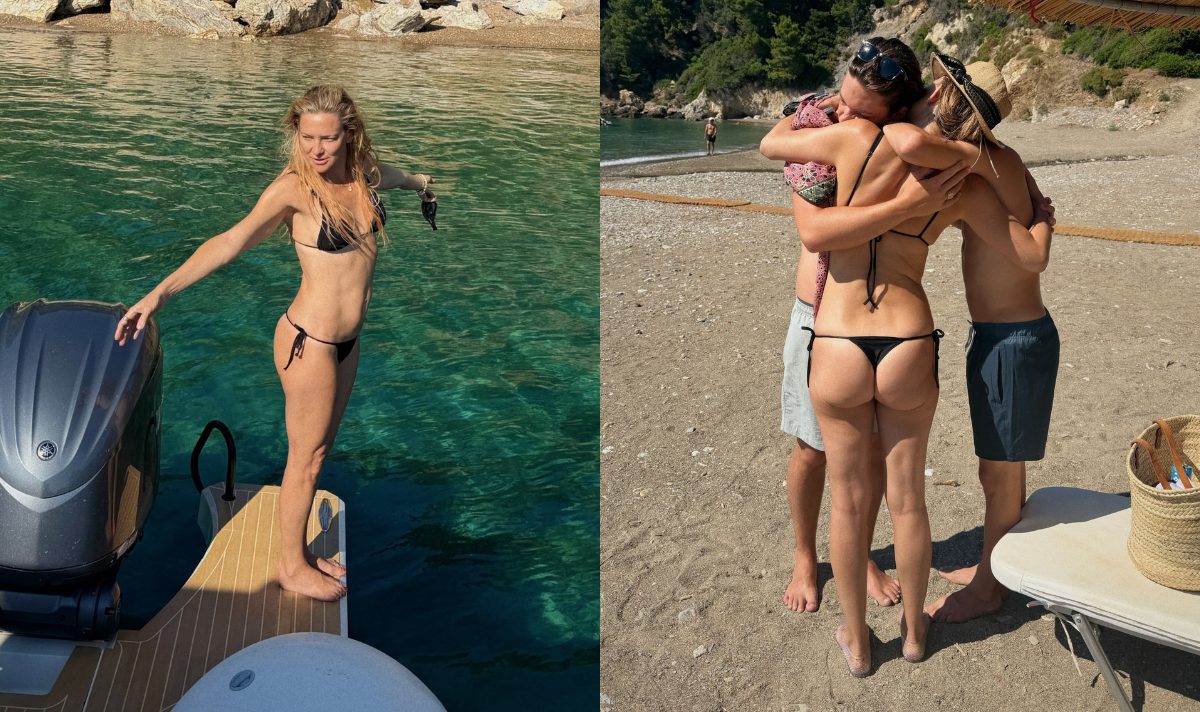Kate Hudson flashes bum in tiny bikini during family vacation Kate Hudson showed off her toned figure in a tiny black bikini while vacationing in Greece