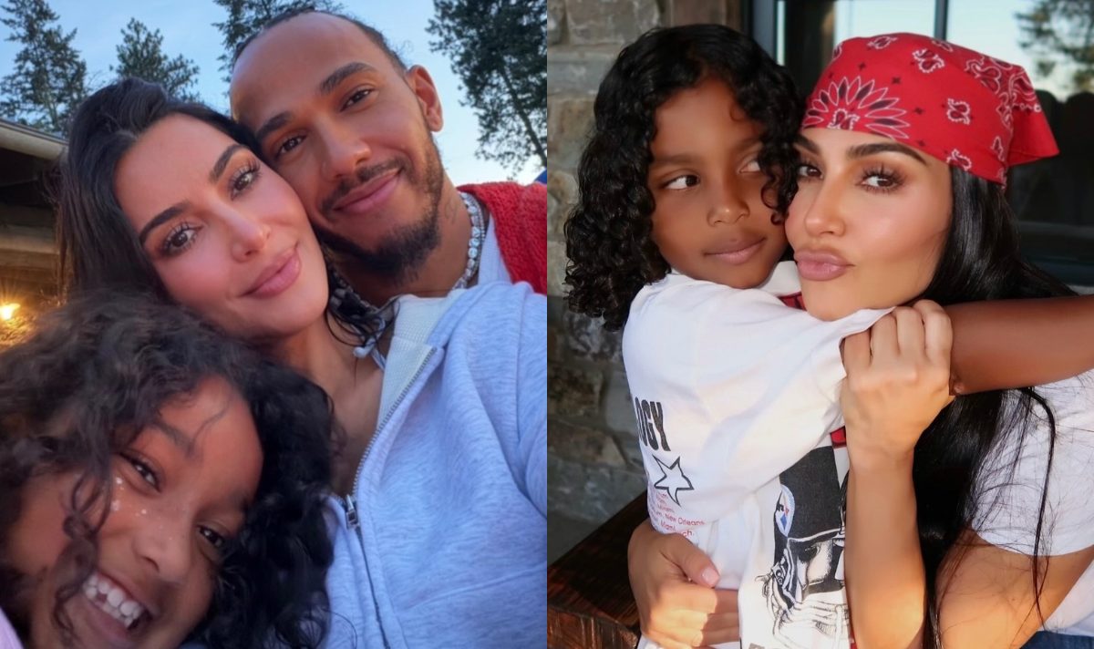 Kim Kardashian cuddles Lewis Hamilton on family lake getaway Kim Kardashian shared loved-up vacation photos with Lewis Hamilton as the Ferrari star joined her children